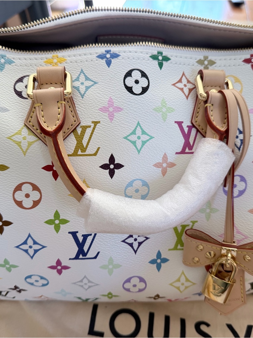 Louis Vuitton White Multicolor Monogram Satchel with Tan Leather Trim